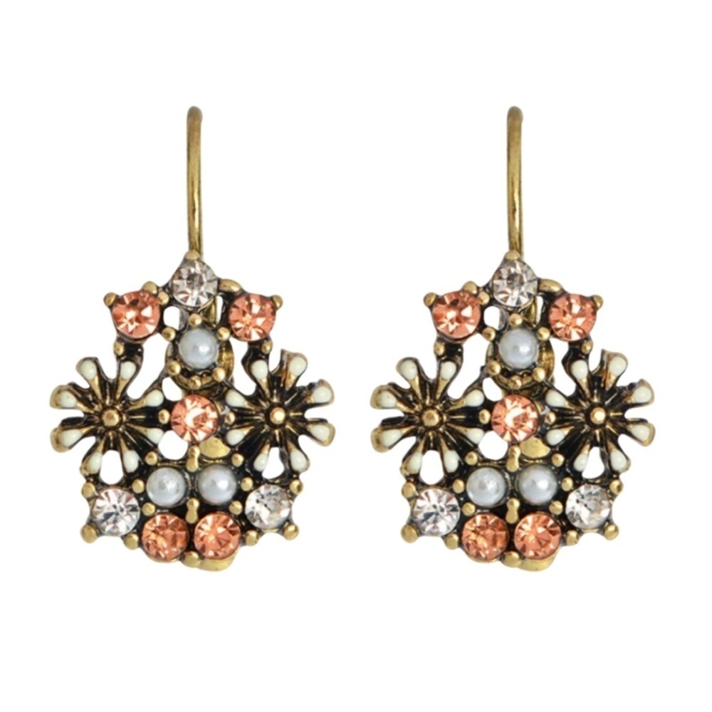 Vintage Crystal Floral Drop Earrings – Antique Gold Finish